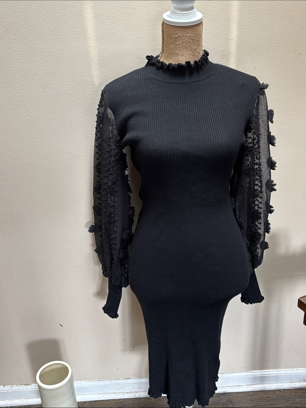 Almost Famous Black Knit Midi Dress with Sheer Pom-Pom Sleeves